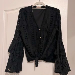 Crocheted Layered Bell Sleeve Tie Front Blouse